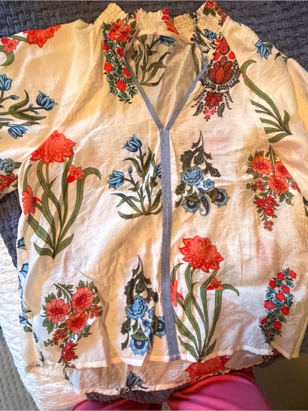 THML Cream Floral Blouse with Red and Blue Accents